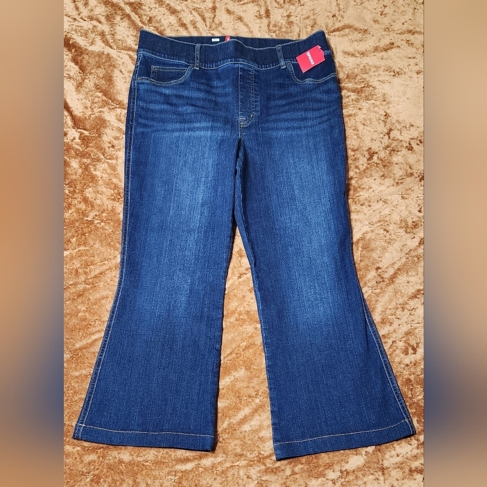 Spanx Jeans Womens Size 1X Pull On Flare Midnight Shade Blue Denim Pants New